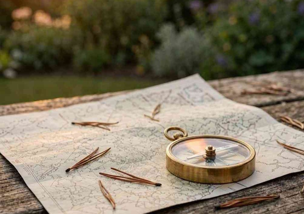 Vintage brass compass resting on a paper map on a wooden table outdoors, representing a backyard treasure hunt adventure for kids